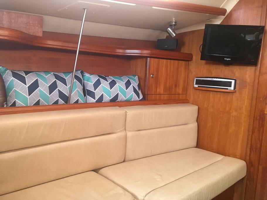 Saloon seating below deck on the Hunter 38