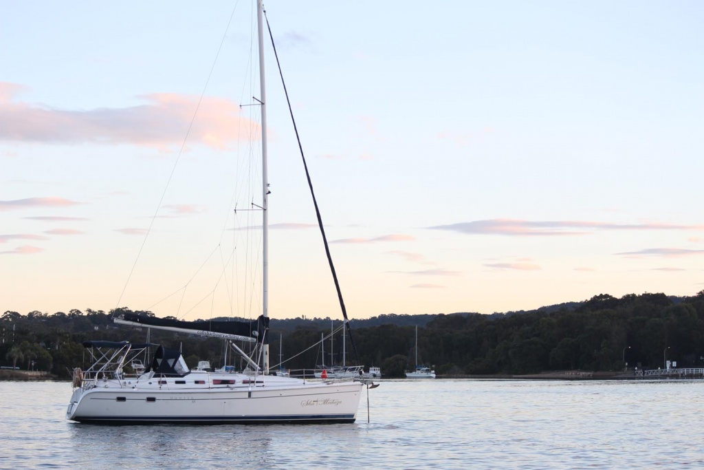 Sha Meduza at anchor on Pittwater at dusk